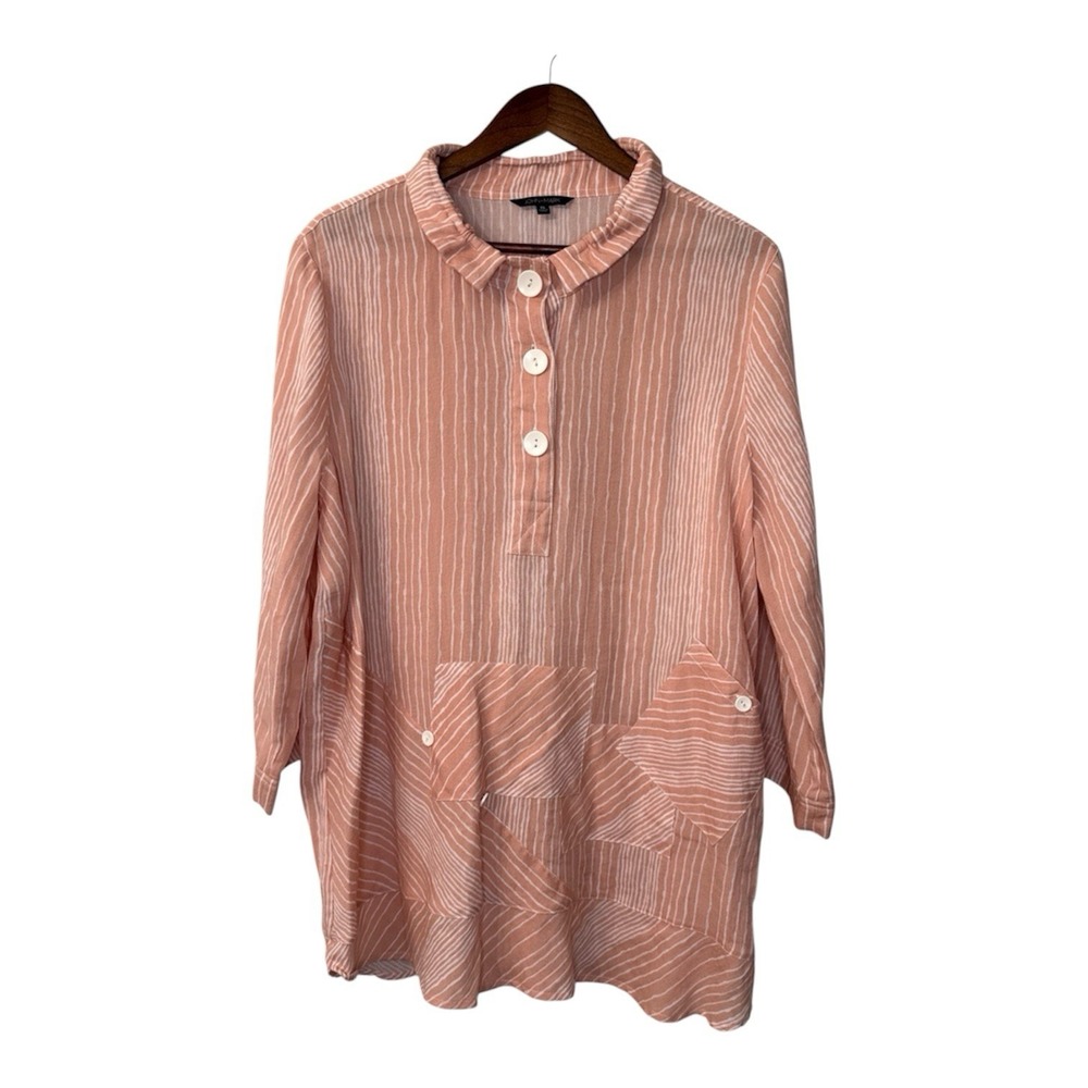 John Mark blouse women's XL peach striped coastal lagenlook boho art cottage